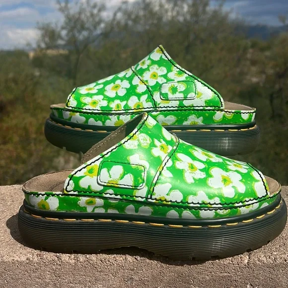 🏴󠁧󠁢󠁥󠁮󠁧󠁿 Vintage MIE Dr. Martens Green Daisy Platform Slides Sandals UK 5